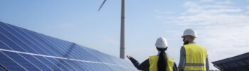 Técnicos supervisando una planta de energía solar y eólica con sistemas digitales de mantenimiento predictivo y monitorización en tiempo real.