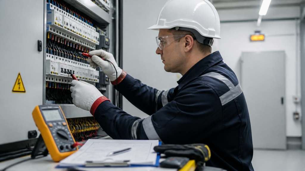 Técnico eléctrico realizando verificación y ensayo con multímetro en cuadro de distribución industrial — verificaciones eléctricas reglamentarias VOLTIA